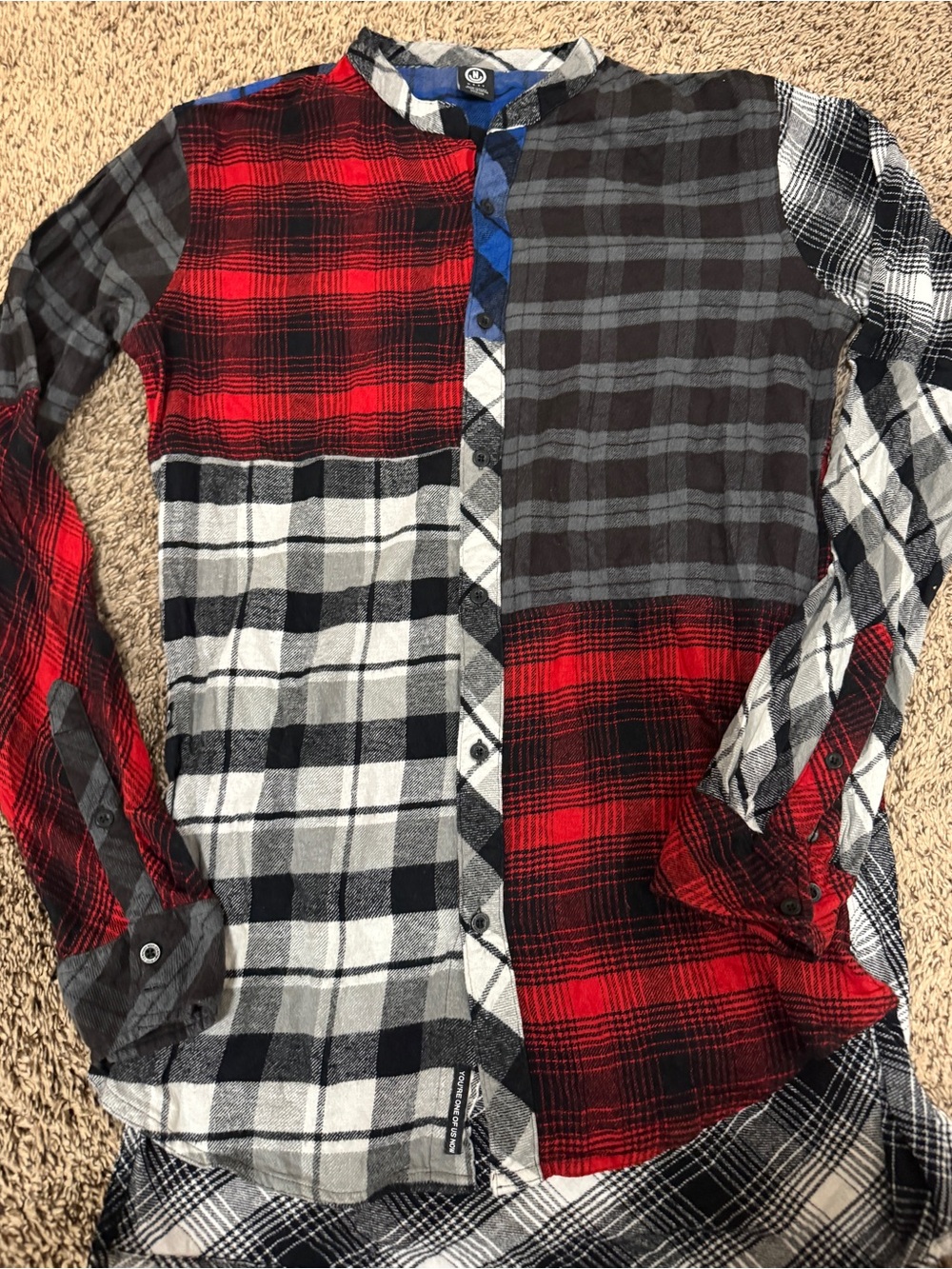 Mens Nerf Patchwork Plaid Button-Up Shirt